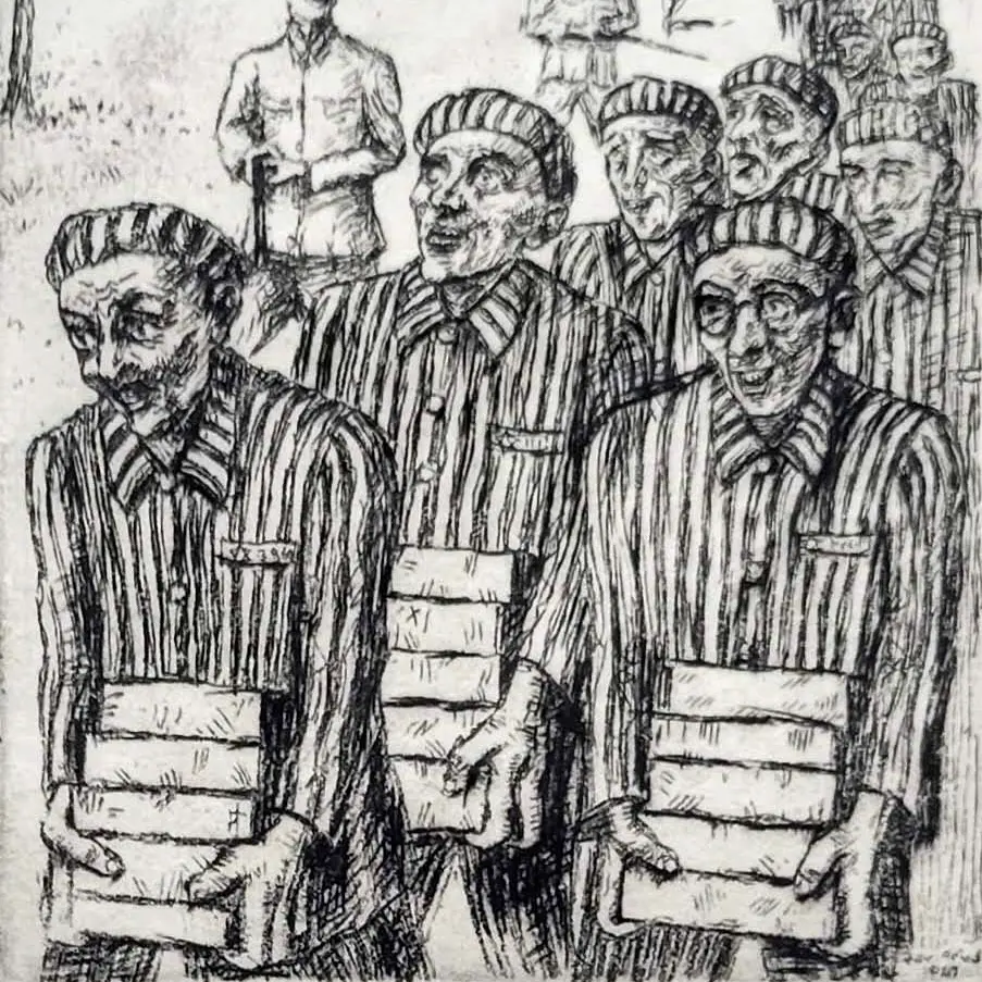 Concentration camp inmates carrying bricks – Etching by the painter David Friedman, press illustrator of the Weimar Republic