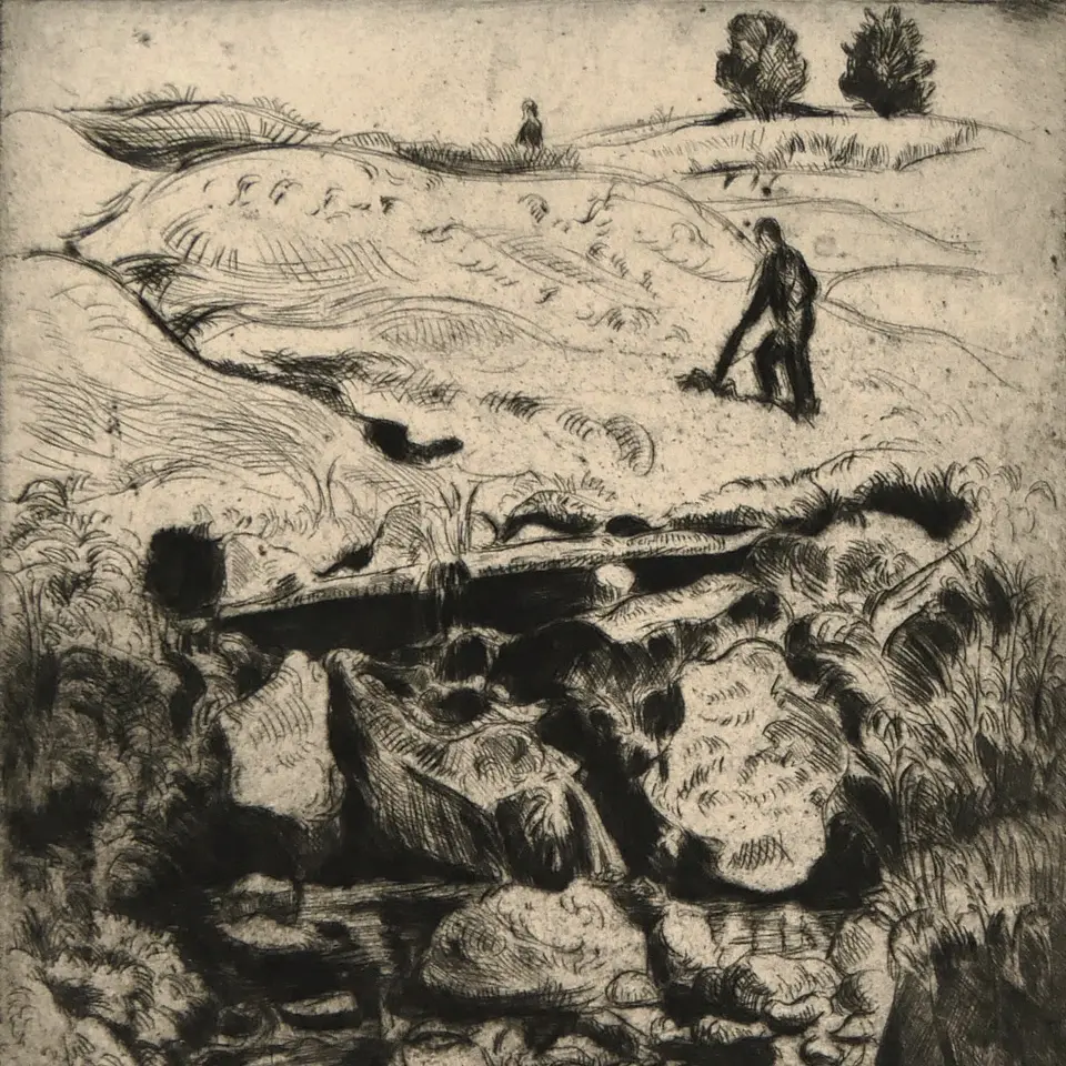 Radierung von Leo Kahn - Das Versteck am Hügel